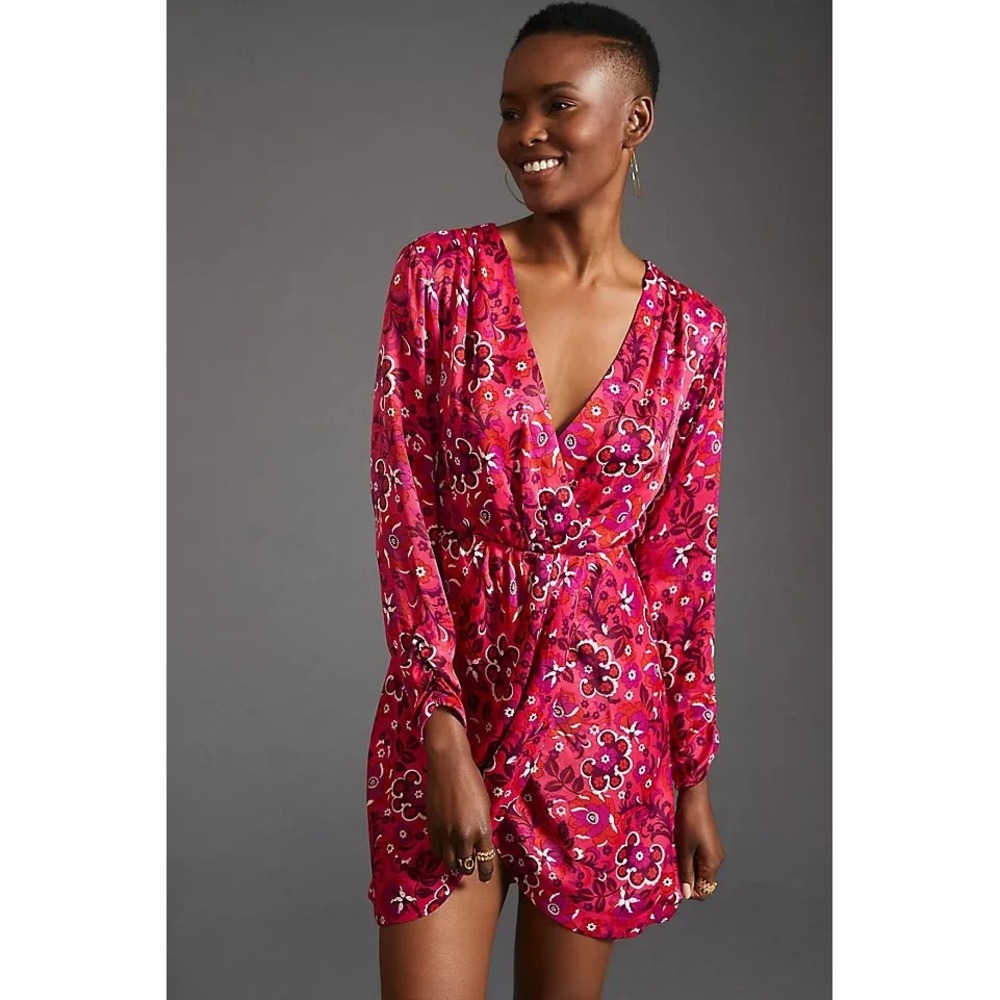 Anthropologie Maeve Mini Wrap Dress Womens L Pink Floral Tulip Hem Long Sleeve